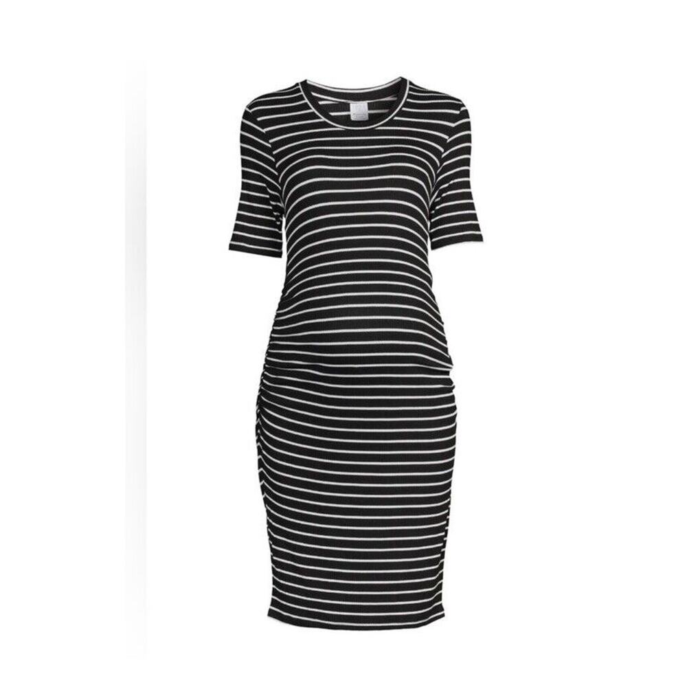 Time and Tru Maternity Short Sleeve Striped Dress Size M Scoop Neck Side Ruching